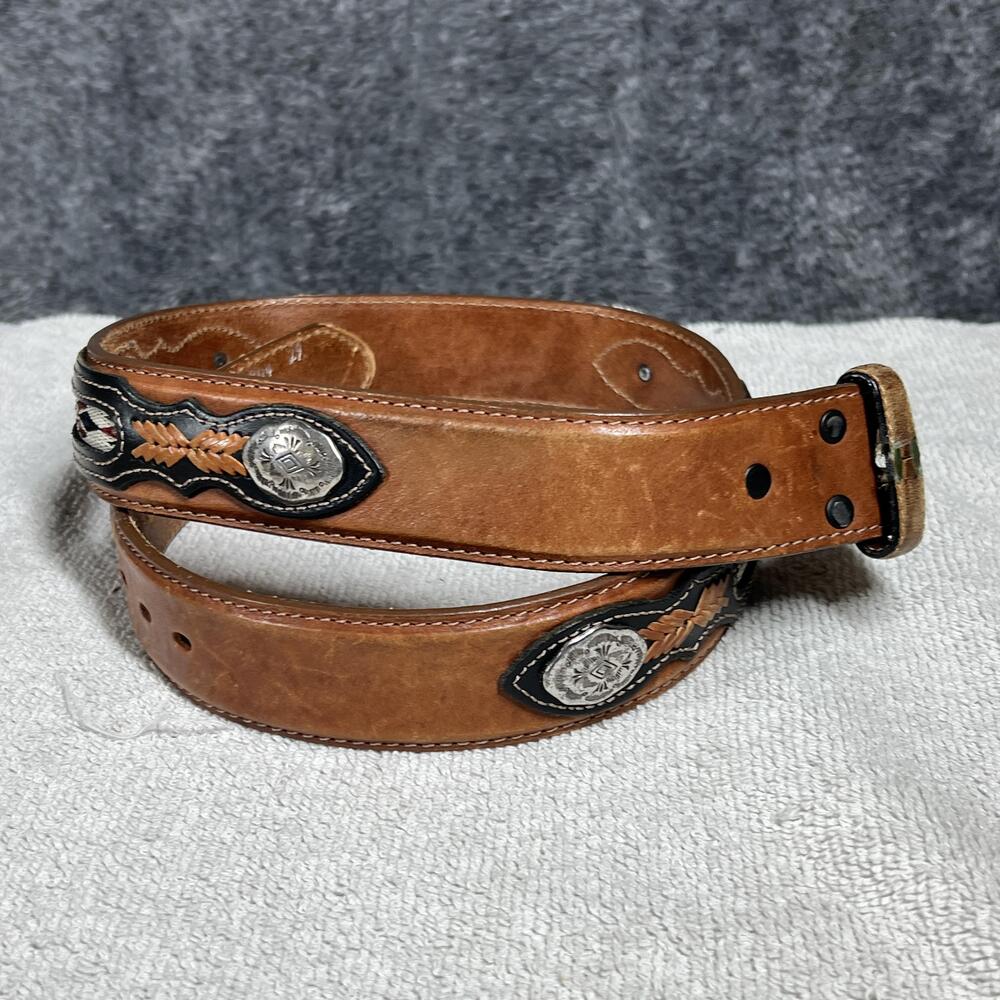 Wrangler Belt Womens 34 Brown Tooled Western Leather Buckle Medallion Logo